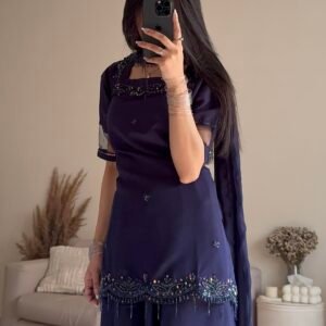 Navy Blue Embroidered Pakistani Suit with Wide-Leg Pants