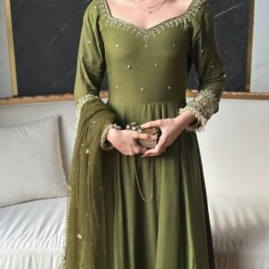 Olive Green Embroidered Anarkali Dress with Dupatta
