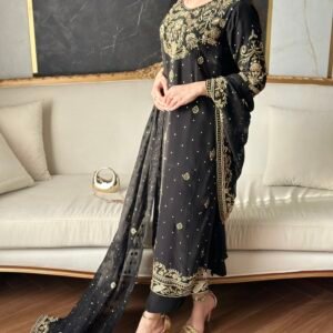 Black Embroidered Suit with Gold Work & Dupatta