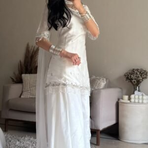 White Embroidered Sharara Suit with Silver Work & Dupatta